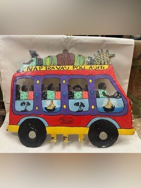Vintage Hand-crafted Haitian Metal Oil Drum Folk Art TAP-TAP Bus 18.5” x 15.5”